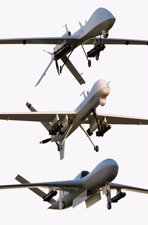Cận cảnh bộ ba UAV tấn công của Mỹ, gồm RQ-1, MQ-9 và Avenger Trong đó hiện tại Ấn Độ đang sở hữu MQ-9, mẫu UAV ở giữa hình. Nguồn ảnh: turbosquid.com.