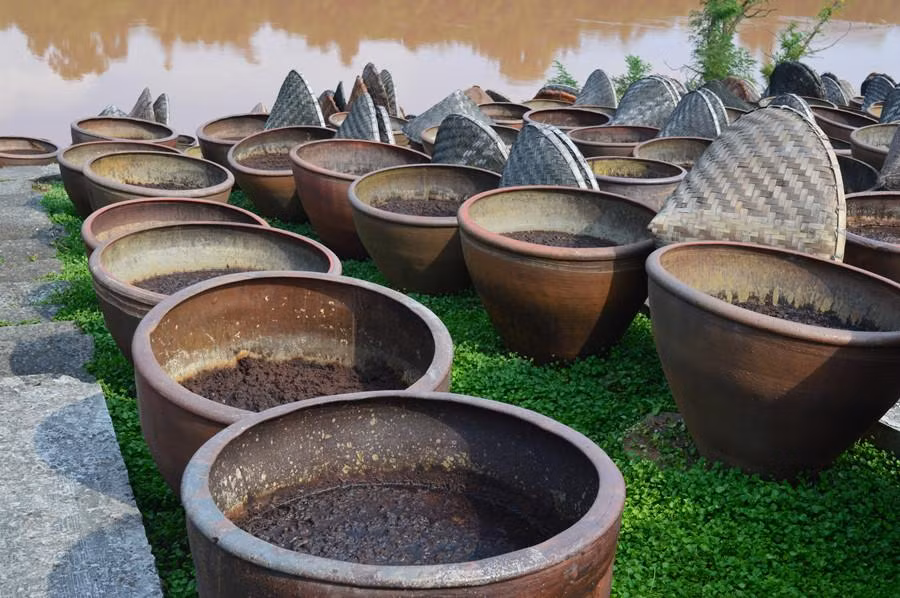 Cận cảnh những chum tương đang lên men.