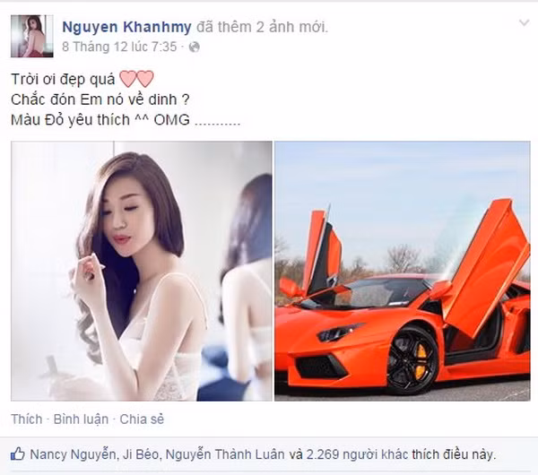 Mới đây, Khánh My tiếp tục chứng tỏ mức độ chịu chi của mình khi khoe siêu xe hàng tỷ đồng của một thương hiệu đắt giá hàng đầu vừa mua tại Mỹ. Đáng chú ý, Khánh My đã mua chiếc xe chỉ sau vài ngày bày tỏ mong muốn. Ảnh: Khánh My chia sẻ mong muốn tậu siêu xe tiền tỷ.