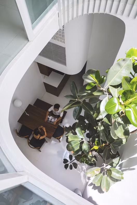 Nhóm kiến trúc sư đã đưa ra giải pháp là tạo một mối liên hệ tự nhiên theo phương vị dọc của công trình, bằng cách tạo một giếng trời tại vị trí trung tâm ngôi nhà.