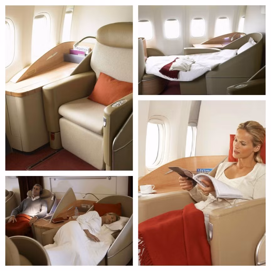 7. Air France: Dãy phòng sang trọng của hãng bay Air France của Pháp nằm trong cabin riêng, vô cùng hạn chế người ra vào. Mỗi ghế của khoang hạng nhất sử dụng vải tweet và có tựa đầu bằng da, in logo hãng. Chiếc ghế cũng dễ dàng chuyển thành giường nằm dài tới 2 mét. Khoang còn trang bị màn hình giải trí 24 inch và hệ thống phim 12 ngôn ngữ.