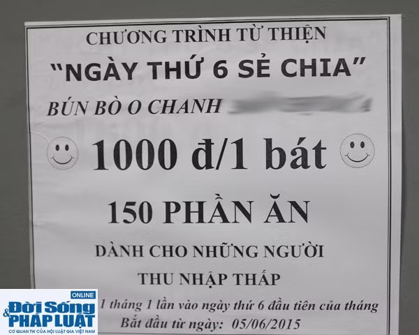 Nhiều người biết đến quán của anh bởi cách bán hàng cũng chẳng giống ai. Với tên gọi “Ngày thứ 6 sẻ chia”, anh tiến hành bán 150 suất bún bò với giá chỉ 1.000 đồng.