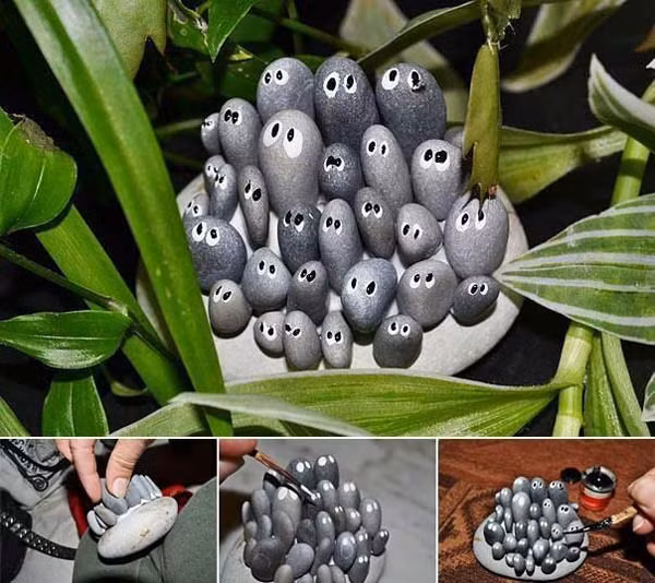 Những hình thù đáng yêu được gắn từ đá và được trang trí bằng sơn.