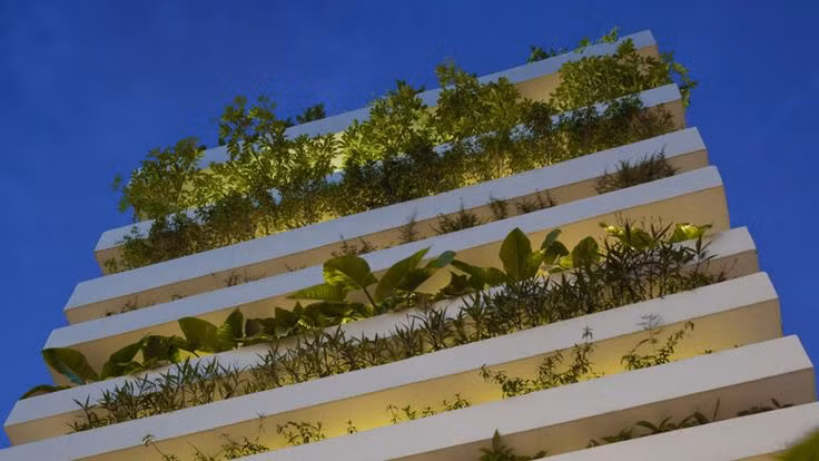 Đây là một kiểu nhà ống siêu mỏng phổ biến tại Việt Nam. Thế nhưng, Stacking Green có thiết kế khác biệt và thoáng mát hơn với nhiều cây xanh nhiệt đới được trồng quanh trong nhà.