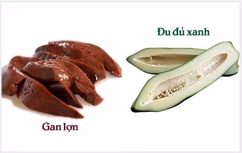 3. Gan lợn và đu đủ. Dùng 1 quả đu đủ xanh, cắt ngang 1/3 theo chiều thẳng đứng, lấy hết hạt ra, cho gan lợn vào đậy như cũ rồi chất lửa đốt cháy thành than là được. Bỏ cắt phần cháy đen đi để ăn gan và ruột đu đủ. Dùng 10 lần là một liệu trình. Rất hiệu quả. Ảnh: tribenhdongy.com.