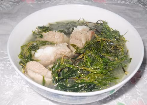 Là thực phẩm, lá đinh lăng có thể làm gỏi với xoài hay ăn với tré, nem mùi vị ấn tượng. Ảnh: phucngocan.com.