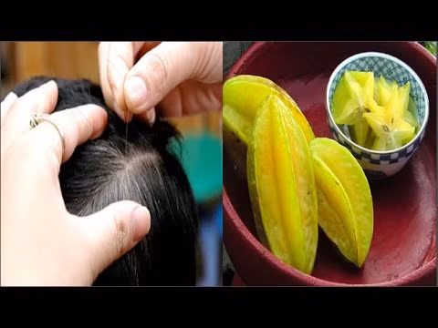5. Chữa tóc bạc sớm bằng khế chua: Rửa sạch khế, xay nhuyễn, lọc lấy nước rồi trộn với nước dừa, thêm chút mật ong. Mỗi ngày uống 2 lần để bổ sung vitamin và dưỡng chất cho cơ thể, làm mái tóc đen mượt và chống hiện tượng bạc tóc sớm. Ảnh: youtube.com.