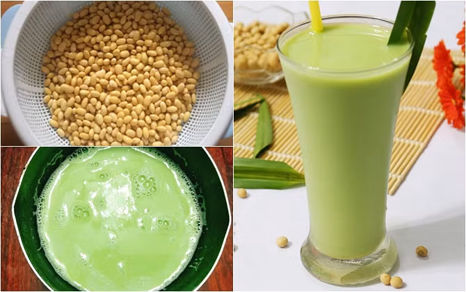 4. Sữa đậu nành lá dứa. Nguyên liệu: Hạt đậu nành, lá dứa. Đậu nành ngâm qua đêm. Lá dứa rửa sạch. Thái và xay với 1,5 lít nước, lọc bỏ bã, dùng nước lá xay hạt đậu nành. Ảnh: emdep.vn.