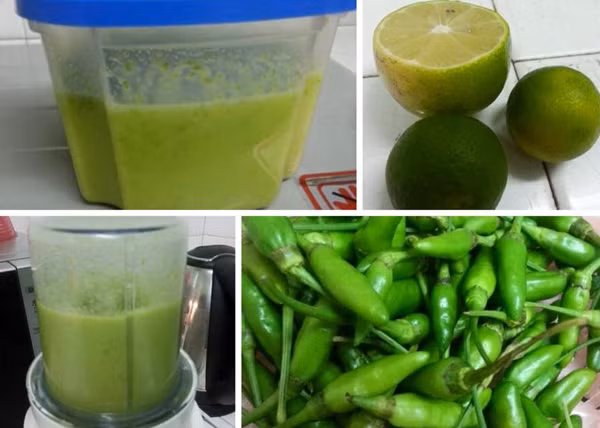 1. Muối xanh chấm hải sản. Nguyên liệu: Chanh, ớt xiêm xanh, ớt sừng, tỏi, gừng, muối, đường, dầu oliu, lá chanh, tiêu trắng. Ớt sừng xanh rửa sạch, để thật ráo rồi nướng sơ cho ớt chín tái. Ảnh: SucKhoeNhi.vn.