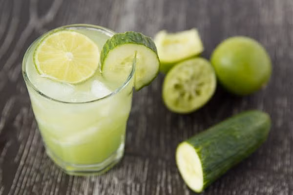  7. Nước ép dưa leo, chanh và bạc hà: Thức uống giàu vitamin C này giúp làm mát cơ thể, phòng ngừa rôm sảy nhờ chứa nhiều các chất chống oxy hóa. Nước ép dưa leo và lá bạc hà còn giúp giảm đầy hơi hay xảy ra vào mùa nóng. Nguyên liệu: 5 lát dưa leo, 4 lát cam, vài lá bạc hà. Cách làm: Cho các nguyên liệu đã chuẩn bị vào ly rồi để trong tủ lạnh. Khi nước lạnh là có thể thể thưởng.