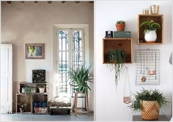 Những chiếc giá, kệ, tủ để đồ cũng có thể trở nên xanh tươi, mát mẻ với vào giỏ hoa, chậu cây đặt lên.
