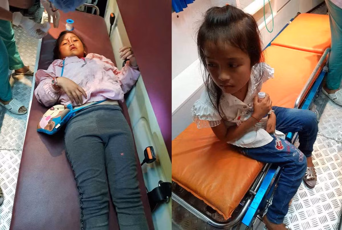 Các em nhỏ bị mảnh kính găm vào người, đang được điều trị tại BV Trung ương Huế. Ảnh: Quang Thành