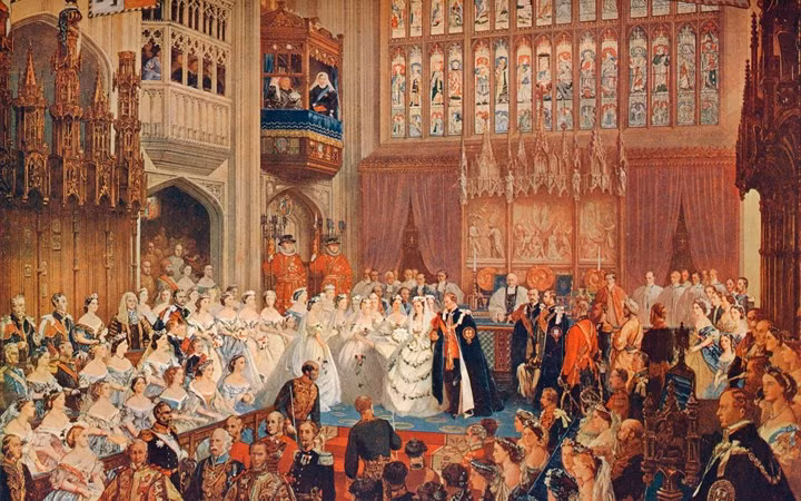 Hôn lễ long trọng của Hoàng tử xứ Wales Albert (sau này là Vua Edward VII) và Công chúa Đan Mạch Alexandra với sự tham gia của các thành viên Hoàng gia Anh và các quan khách tại lâu đài Windsor ngày 10/3/1863.