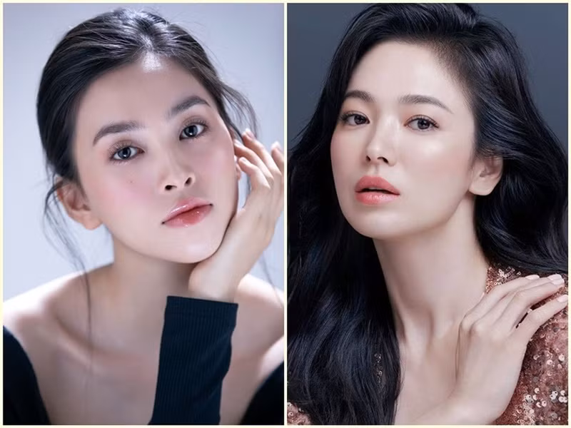 Năm 2021, "bà trùm hoa hậu" Phạm Kim Dung khen Tiểu Vy sở hữu gương mặt đẹp hoàn hảo, có thể sáng ngang với biểu tượng sắc đẹp xứ Hàn Song Hye Kyo (phải). Nhiều người đánh giá gương mặt của Tiểu Vy và Song Hye Kyo cân xứng. Ngoài ra, đôi môi gợi cảm, mũi thanh tú, nước da mịn, ánh mắt trong veo giúp gương mặt của hai mỹ nhân càng thêm cuốn hút. Ảnh: VOV, Fanpage Song Hye Kyo.