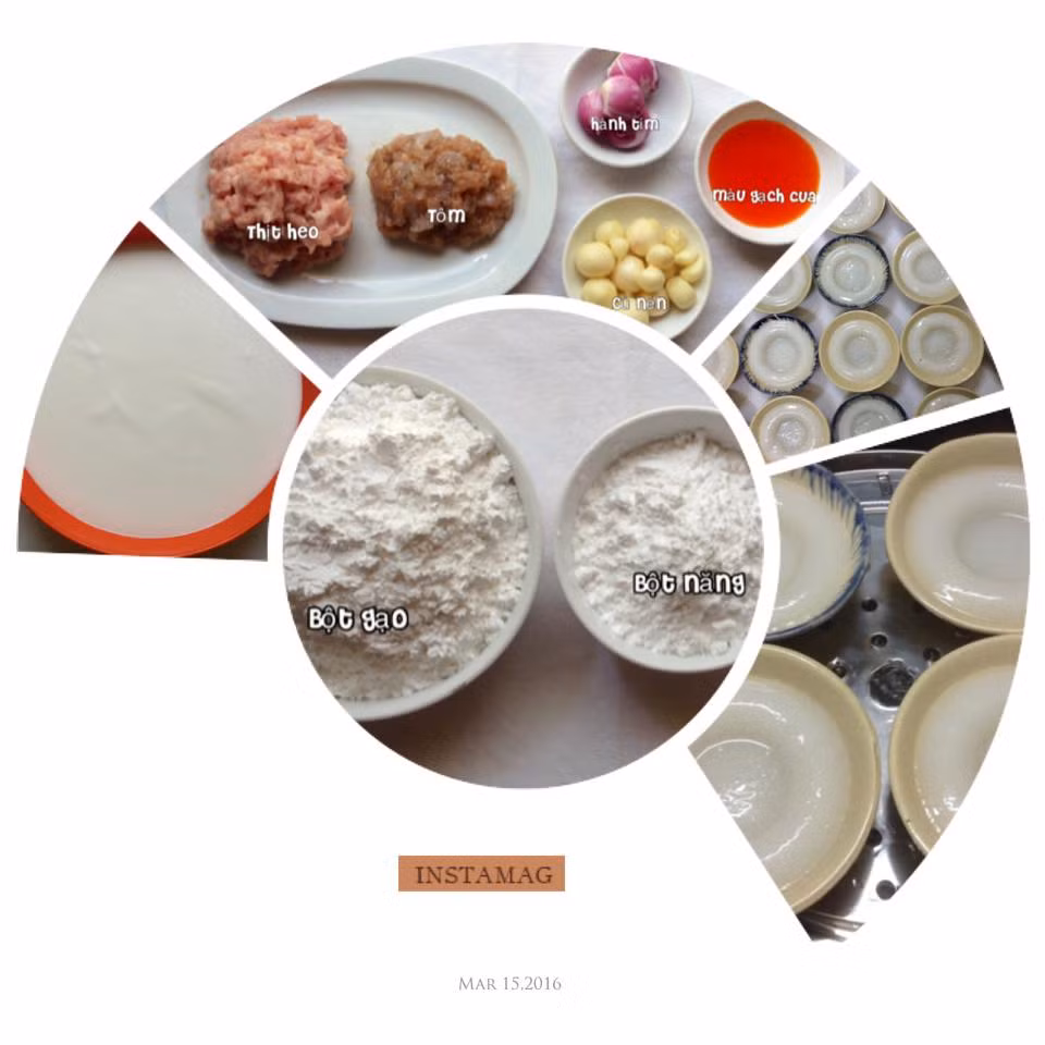 Nguyên liệu để làm 30 chén bánh bèo chén xứ Quảng bao gồm: 300g bột gạo, 100g bột năng, 1.200ml cốc nước lạnh, 150g thịt ba rọi, 150g tôm tươi, hành lá, hành củ, chanh, màu gạch cua, màu dầu điều, dầu ăn, lạc rang giã dập...