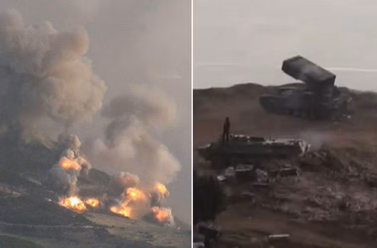 Đáng giá nhất trong số vũ khí tối tân Nga mới giao cho Syria là các tổ hợp pháo phản lực hạng nặng TOS-1A được thiết kế để vô hiệu hóa các khí tài bọc thép hạng nhẹ, xe thiết giáp, đốt cháy và phá hủy các công trình và tòa nhà. Ảnh: TOS-1A tấn công mục tiêu IS nằm trên sườn đồi.