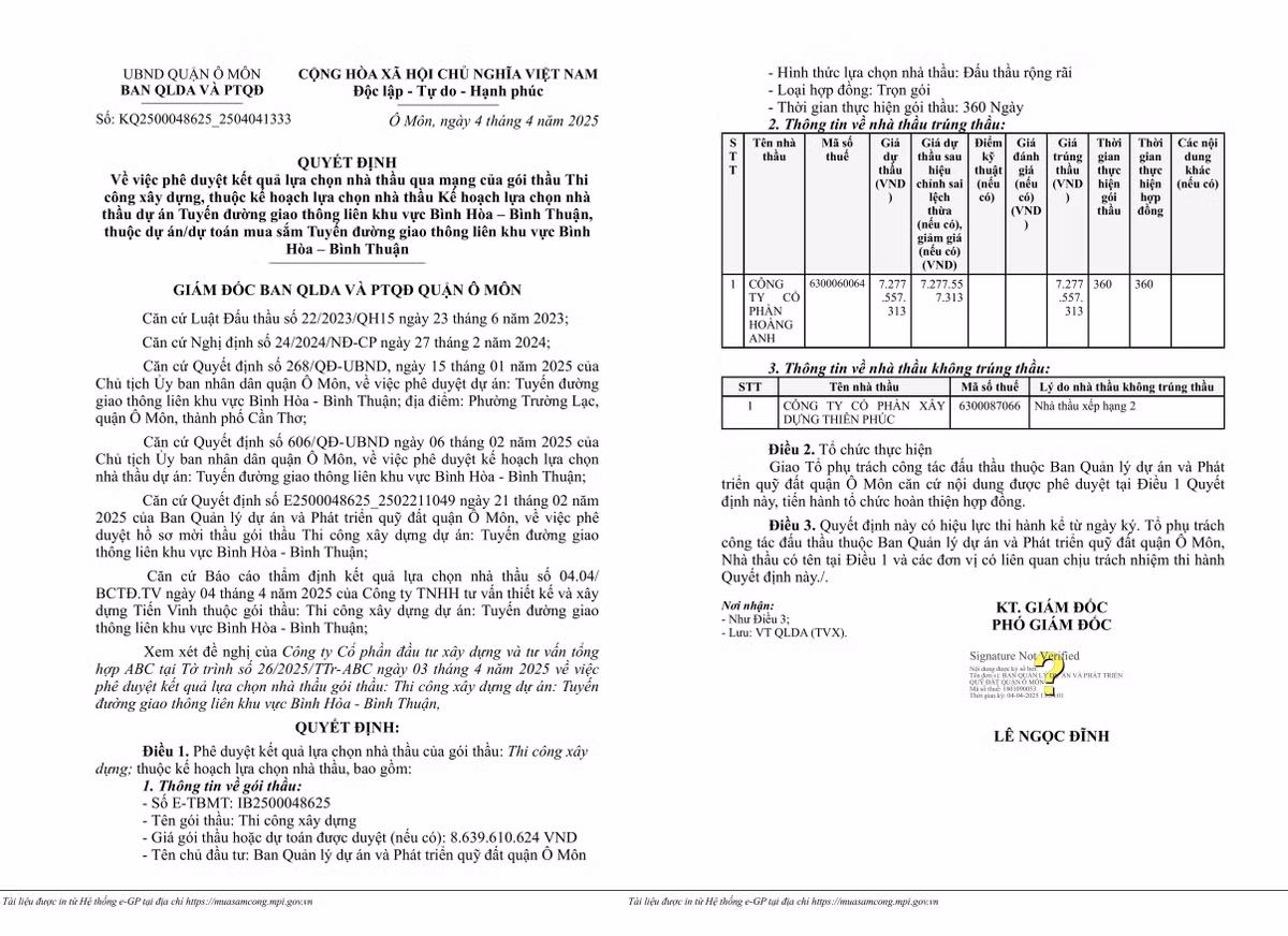 Can Tho: Cty Hoang Anh trung thau thi cong duong giao thong hon 7 ty