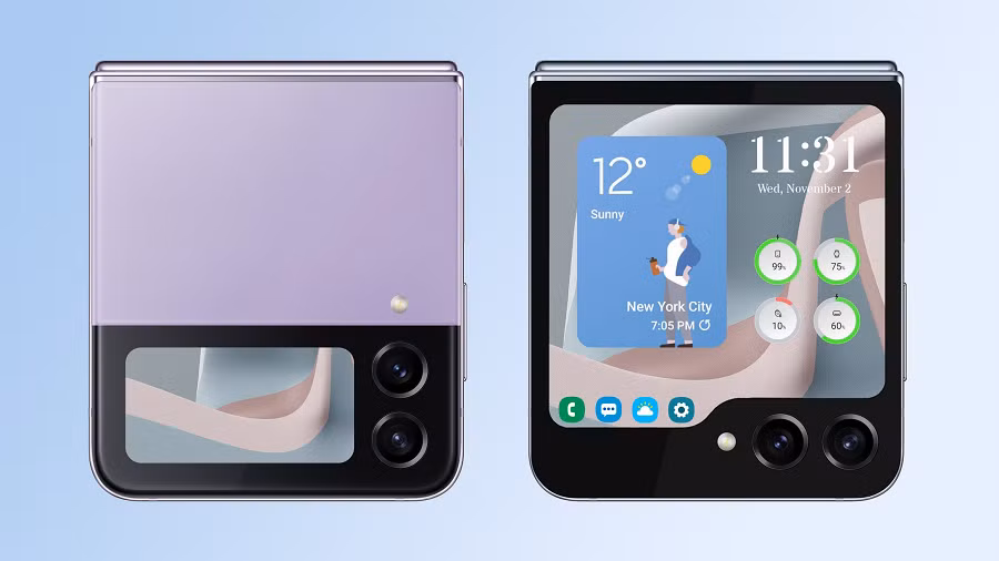 Chi tiết nổi bật của Samsung Galaxy Z Flip 5 là màn hình phụ lớn hơn, cho phép đóng mở hoàn toàn khít, giúp hạn chế nếp gấp và bụi bẩn vào bên trong.