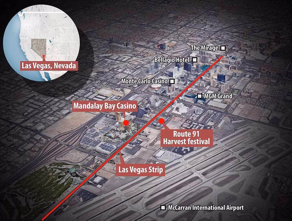 Được biết, tay súng đã đứng trên tầng 32 của tòa nhà Mandalay Bay và nã đạn vào đám đông tham dự sự kiện âm nhạc Route 91 Harvest. Ảnh: Daily Mail.