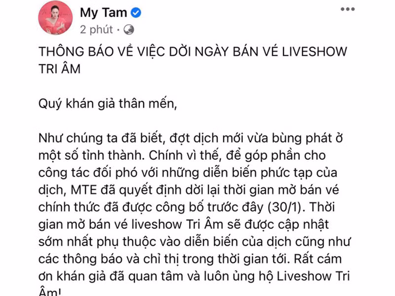 Mỹ Tâm thông báo dời lịch bán vé live show Tri âm.