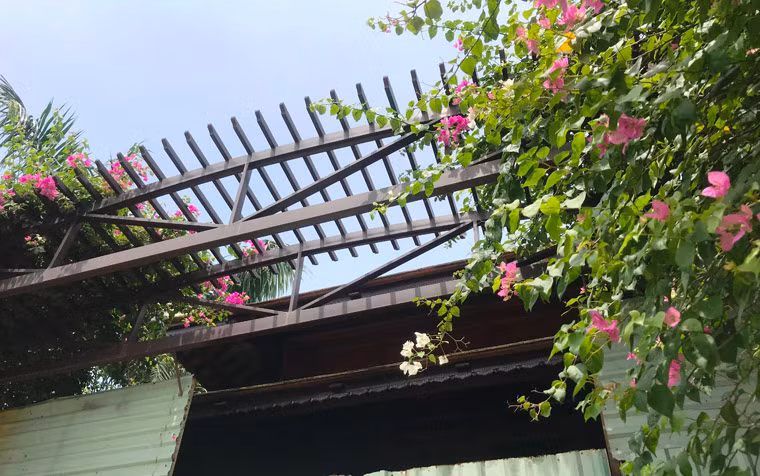 Cổng rào tại "biệt phủ" của bà Thiên Anh có kết cấu móng bêtông cốt thép, cột gỗ, mái ngói; cao hơn 7m và dài gần 10m trên một phần lô đất có diện tích hơn 2950 m2.