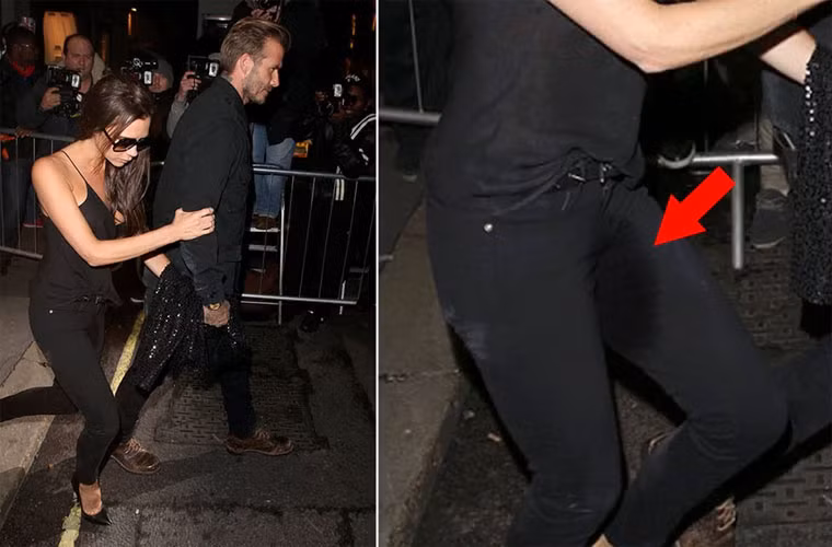 Không rõ Victoria Beckham bị đổ rượu vào người hay say quá mất kiểm soát để đến nỗi ướt hết quần, nhưng nhìn hình này của cô sau khi được chồng dìu ra khỏi một bữa tiệc thì nhiều người nghĩ tới câu trả lời thứ hai hơn.