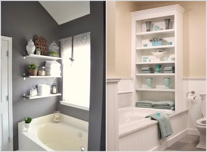 Muốn phòng tắm gọn gàng mà vấn tối đa không gian lưu trữ, bạn đừng quên chiếc kệ để đồ trên bồn tắm như thế này.