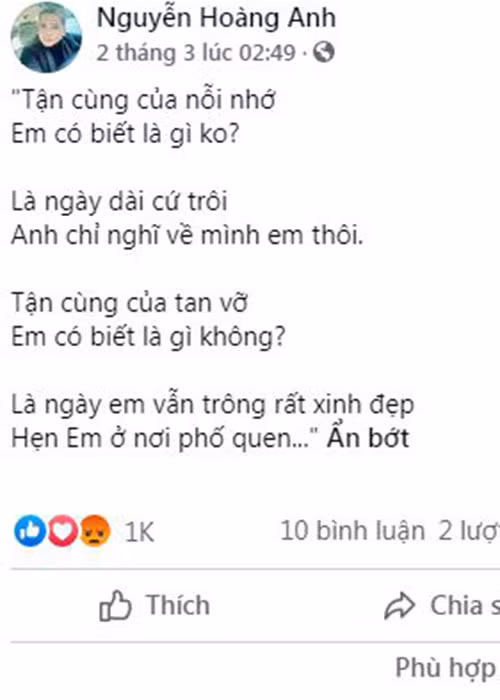 Nam diễn viên phim "Gạo nếp gạo tẻ" thường trích dẫn lời bài hát về tình yêu kèm hình ảnh cá nhân.