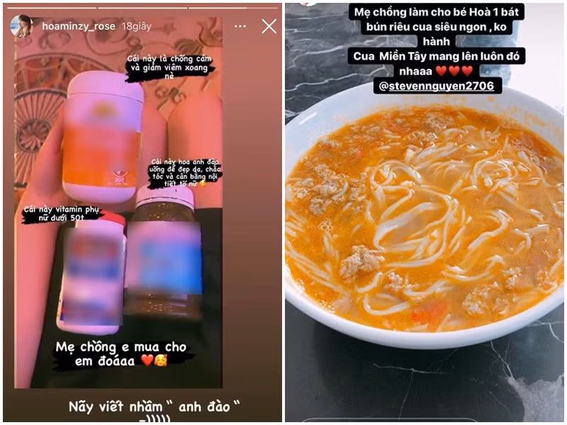 Mẹ chồng của Hòa Minzy cưng con dâu như trứng mỏng khi gửi tặng vitamin, thực phẩm chức năng, thậm chí từng nấu bún riêu cho con dâu ăn.