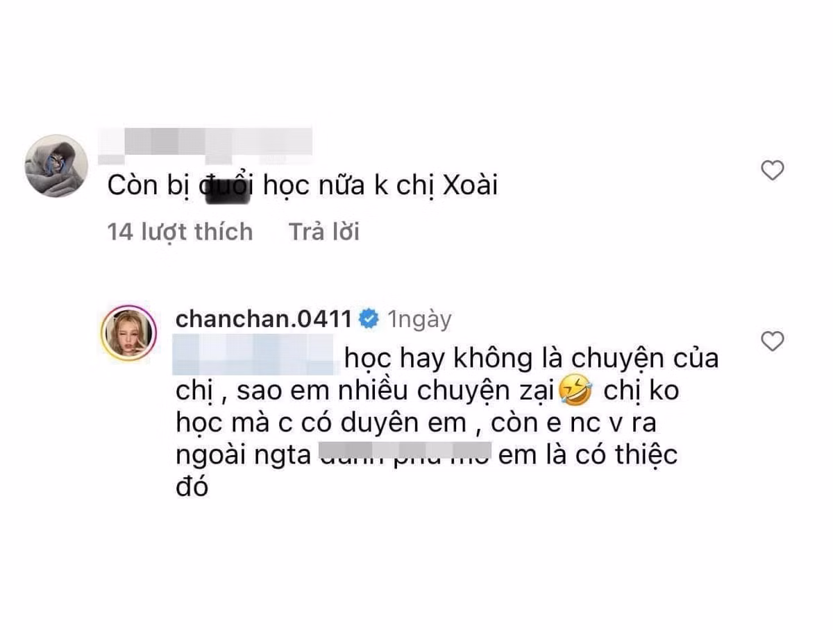 Trước câu hỏi tiêu cực đó, Xoài Non đã lập tức đáp trả cực gắt: "Học hay không là chuyện của chị, sao em nhiều chuyện vậy. Chị không học mà chị có duyên đó em, còn em nói chuyện vậy ra ngoài người ta đánh em là có thiệt đó".