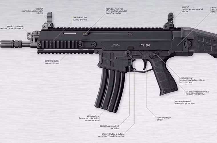 CZ 806 Bren 2 dùng hộp tiếp đạn loại 20-30 viên, tầm bắn hiệu quả 500m.