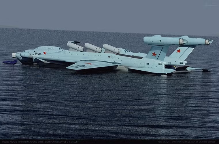 Khi dừng lại mẫu Ekranoplan này giống như một pháo đài đồ sộ trên biển.
