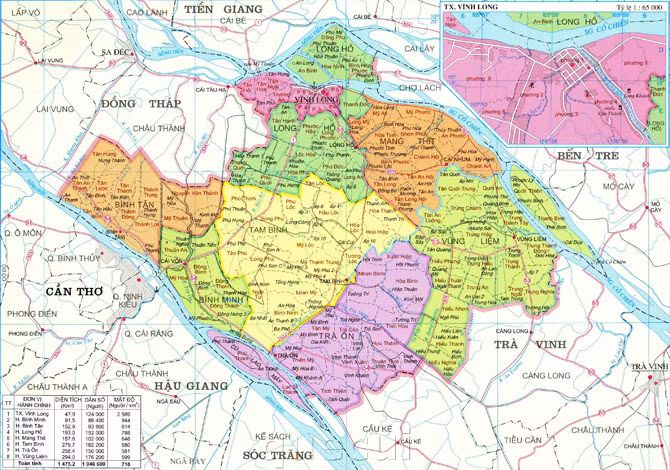Tổng diện tích đất tự nhiên của tỉnh Vĩnh Long là 1.475 km2. Tỉnh Vĩnh Long có 8 đơn vị hành chính cấp huyện, gồm 1 thành phố, 1 thị xã và 6 huyện với 107 đơn vị hành chính cấp xã, bao gồm 6 thị trấn, 14 phường và 87 xã.