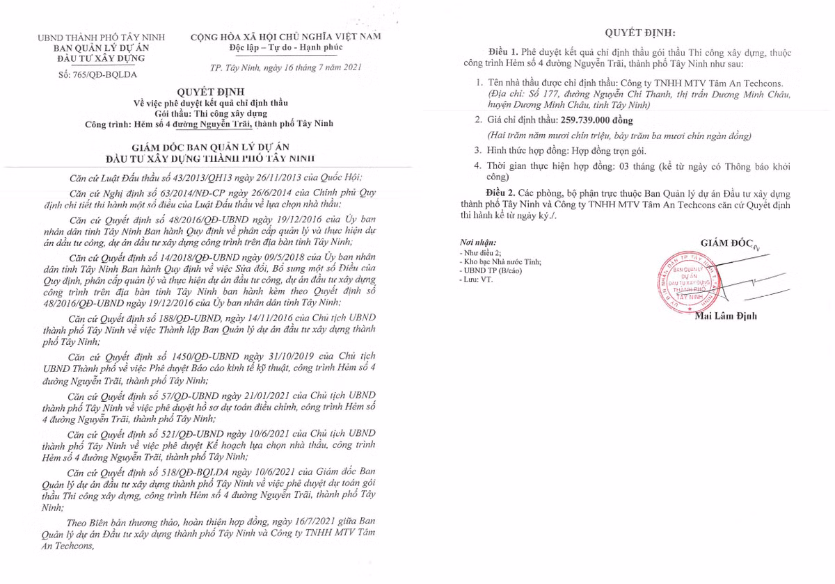 Tay Ninh: Cty Tam An Techcons 2 ngay lien tiep trung 4 goi thau