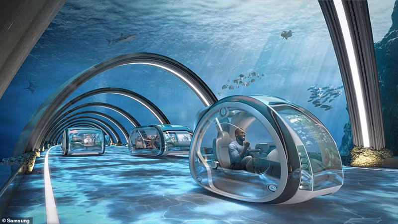 Ngoài ra, việc sản xuất hàng loạt các bộ phận bằng công nghệ in 3D khiến sức khỏe con người được cải thiện. Những ngôi nhà tự làm sạch cũng là "điểm nhấn" của cuộc sống trong tương lai. Bức ảnh trên mô phỏng một con đường ngầm dưới nước và phương tiện để di chuyển trên con đường đặc biệt này