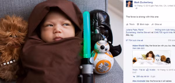 Dân mạng thích thú với bức ảnh bé Max diện đồ "Star Wars" được bố Mark đăng lên mạng xã hội trước đó. Ảnh: yeutretho.vn.