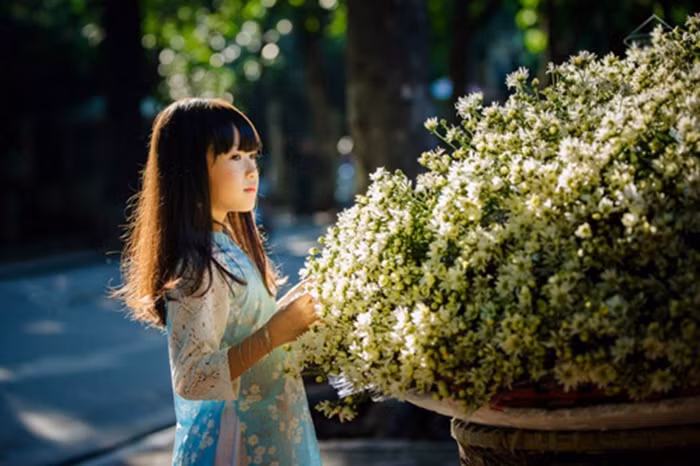 Cô bé Đoàn Gia Hân, 6 tuổi đã có những loạt ảnh chụp cùng những bông cúc rất dịu dàng, mang nét thanh lịch của thiếu nữ Hà Nội xưa bên loài hoa của mùa đông. Ảnh: Eva.