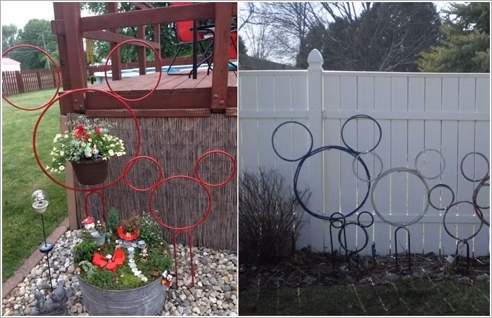 Hai bên lối đi vào khu vườn, bạn có thể đặt những khung sắt hình chú chuột Mickey cùng những chậu hoa nhỏ tạo điểm nhấn nghệ thuật.