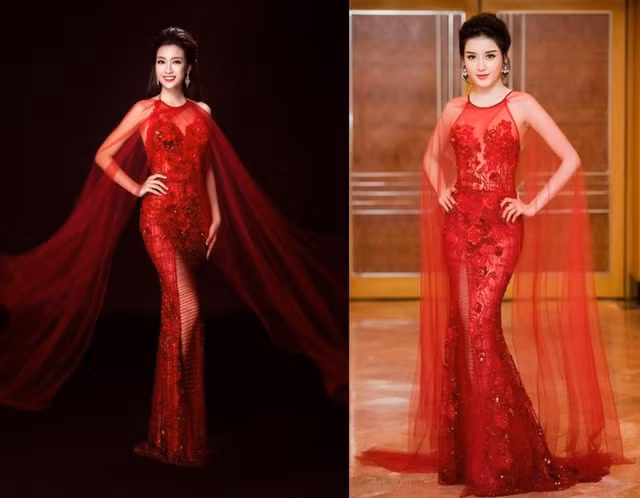 Trong một sự kiện khác, Á hậu Huyền My lại vướng nghi án mặc lại váy của Hoa hậu Đỗ Mỹ Linh. Khó có thể nói ai đẹp hơn ai vì cả hai mỹ nhân đều tỏa sáng trong thiết kế sang trọng, quyến rũ này. Ảnh: eva.vn.