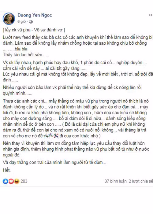 Dương Yến Ngọc bày tỏ quan điểm về vụ võ sư đánh vợ dã man. Theo người đẹp, đàn ông vũ phu thì họ đánh vợ không cần lý do.