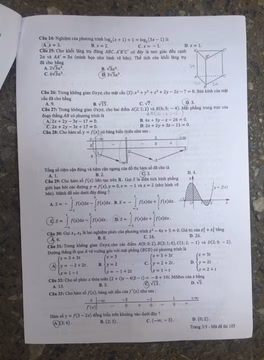 Đề thi Toán mã 103.