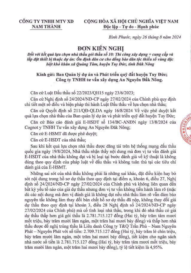 Dak Nong: Goi thau hon 56 ty vap kien nghi KQLC nha thau