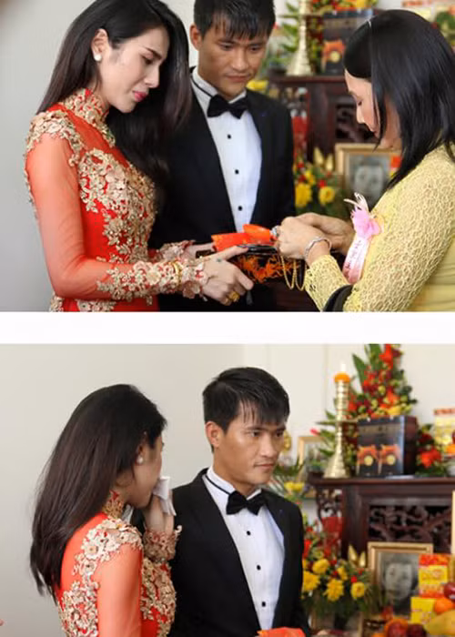 Sau những bất hạnh tuổi thơ, người mang đến bình yên cho Thủy Tiên chính là Công Vinh. Khi mới quen nhau, cả hai đã dính những dị nghị, nghi ngờ. Vượt qua tất cả, cặp đôi tổ chức đám hỏi giản dị năm 2011 và sau đó con gái họ chào đời. Ảnh: FBNV
