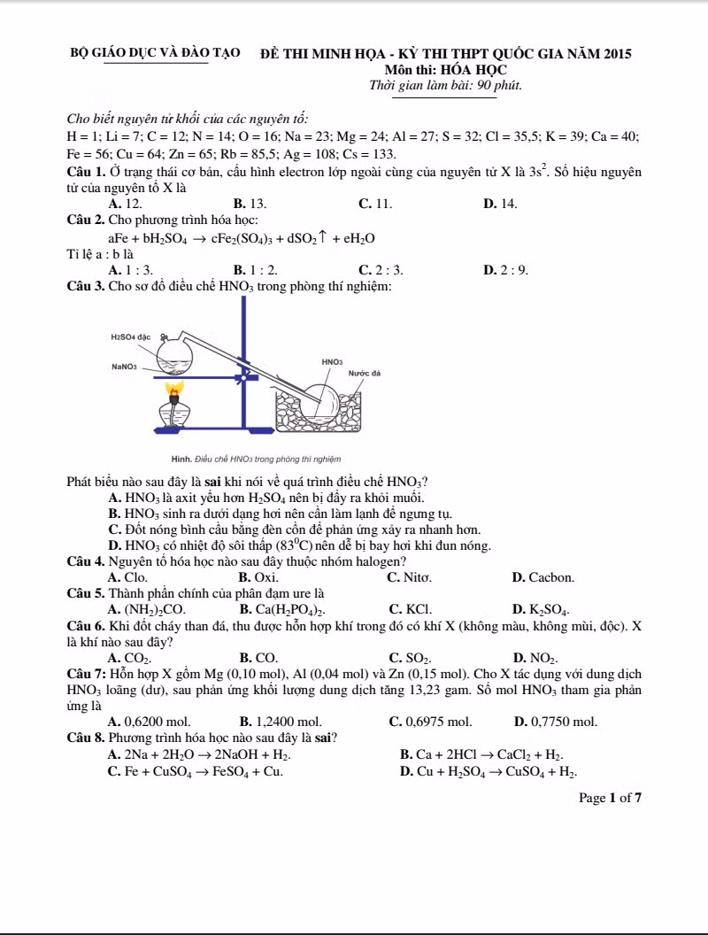 De thi minh hoa THPT quoc gia 2015 mon Hoa va dap an