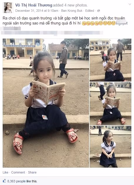 Bé gái Đăk Lăk xinh như búp bê gây sốt mạng Việt là một học sinh trường Tiểu học Trần Quốc Toản, xã Ea Phê, thuộc huyện Krông Pắc, tỉnh Đăk Lăk. Ảnh bé được một cô giáo trẻ có tên Võ Thị Hoài Thương chụp lại trong giờ ra chơi và chia sẻ lên mạng xã hội.