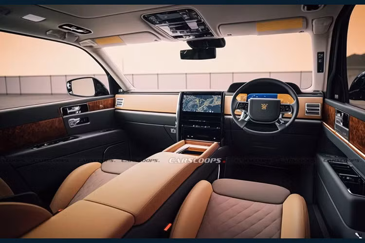 Bên trong xe sẽ xuất hiện vách ngăn ở giữa hàng ghế trước và sau, tương tự Lexus LM phiên bản 4 chỗ. Thiết kế này nhằm đảm bảo sự riêng tư cho hành khách phía sau cũng thường là ông chủ đích thực của xe.