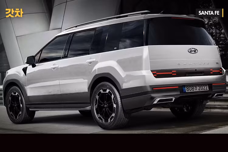 Phần đầu xe SUV Hyundai SantaFe 2024 trang bị đèn định vị hình chữ H và dải đèn LED chạy ngang tương tự dải sản phẩm thế hệ mới của hãng là Staria hay Stargazer. Phía đuôi xe, đèn hậu cũng được thiết kế với đồ họa chữ “H”.