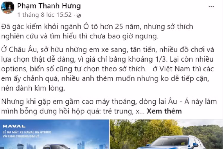 Haval H6 của Shark Hưng là mẫu SUV cỡ C vừa ra mắt thị trường Việt Nam ngày 2/8 vừa qua. Xe chỉ được phân phối duy nhất một phiên bản theo dạng nhập khẩu nguyên chiếc từ Thái Lan với giá bán 1,096 tỷ đồng. Dù có giá khá cao so với các đối thủ cùng phân khúc như: Mazda CX-5, Hyundai Tucson hay Kia Sportage… nhưng H6 lại sở hữu nhiều trang bị và công nghệ vượt bậc.
