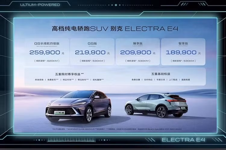 Vào ngày 19/6/2023, chiếc SUV coupe cỡ trung đến cỡ lớn của Buick, mẫu Electra E4 và Electra E4 GS đã chính thức được ra mắt tại thị trường Trung Quốc. Đây là 1 chiếc SUV coupe chạy hoàn toàn bằng điện, Buick E4 2023 mới có tổng cộng 4 phiên bản.