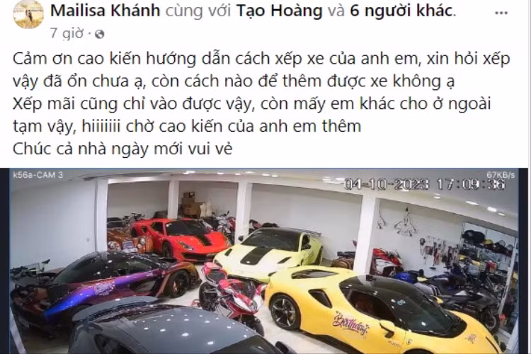 Cụ thể, đại gia Hải Dương chia sẻ "Quay tới quay lui mà không để hết xe, bác nào chuyên nghiệp chỉ em cách xếp sao cho hết xe vào nhà được không ạ, chứ khi này mưa gió quá để ngoài công viên sợ hư hết, còn 7 con mà không biết sao đưa vào nhà".